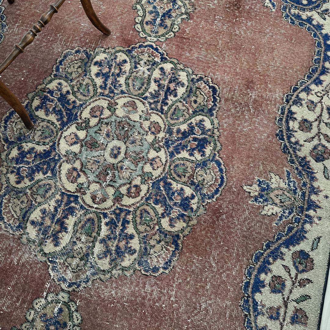 トルコ ヴィンテージラグA99 レア 大判 ローズブラウン ネイビー メダリオン