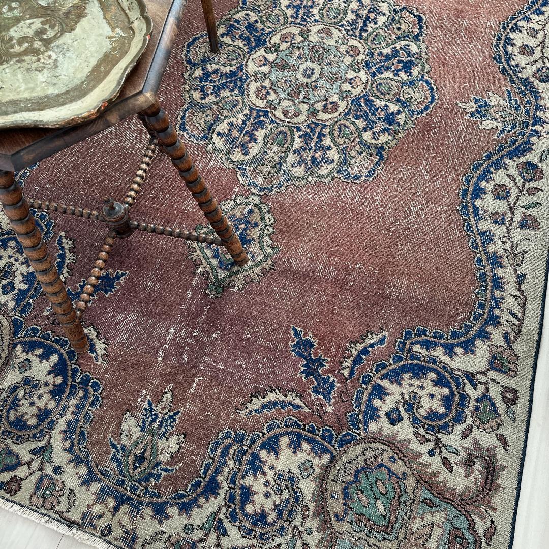 トルコ ヴィンテージラグA99 レア 大判 ローズブラウン ネイビー メダリオン