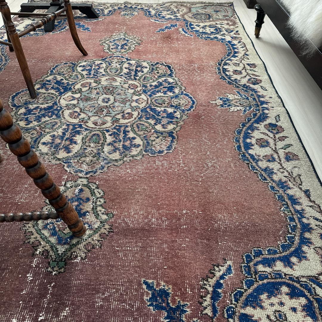 トルコ ヴィンテージラグA99 レア 大判 ローズブラウン ネイビー メダリオン