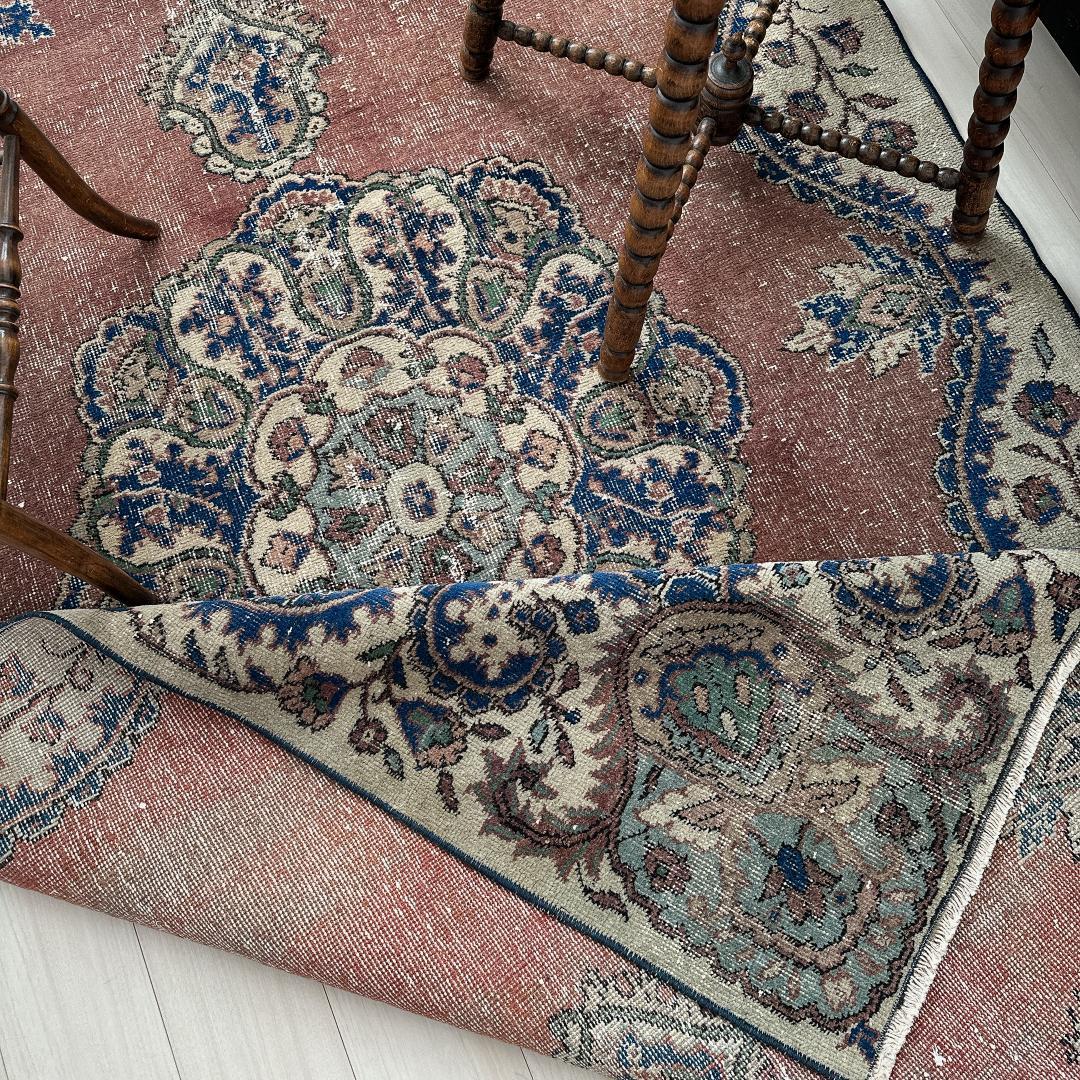 トルコ ヴィンテージラグA99 レア 大判 ローズブラウン ネイビー メダリオン