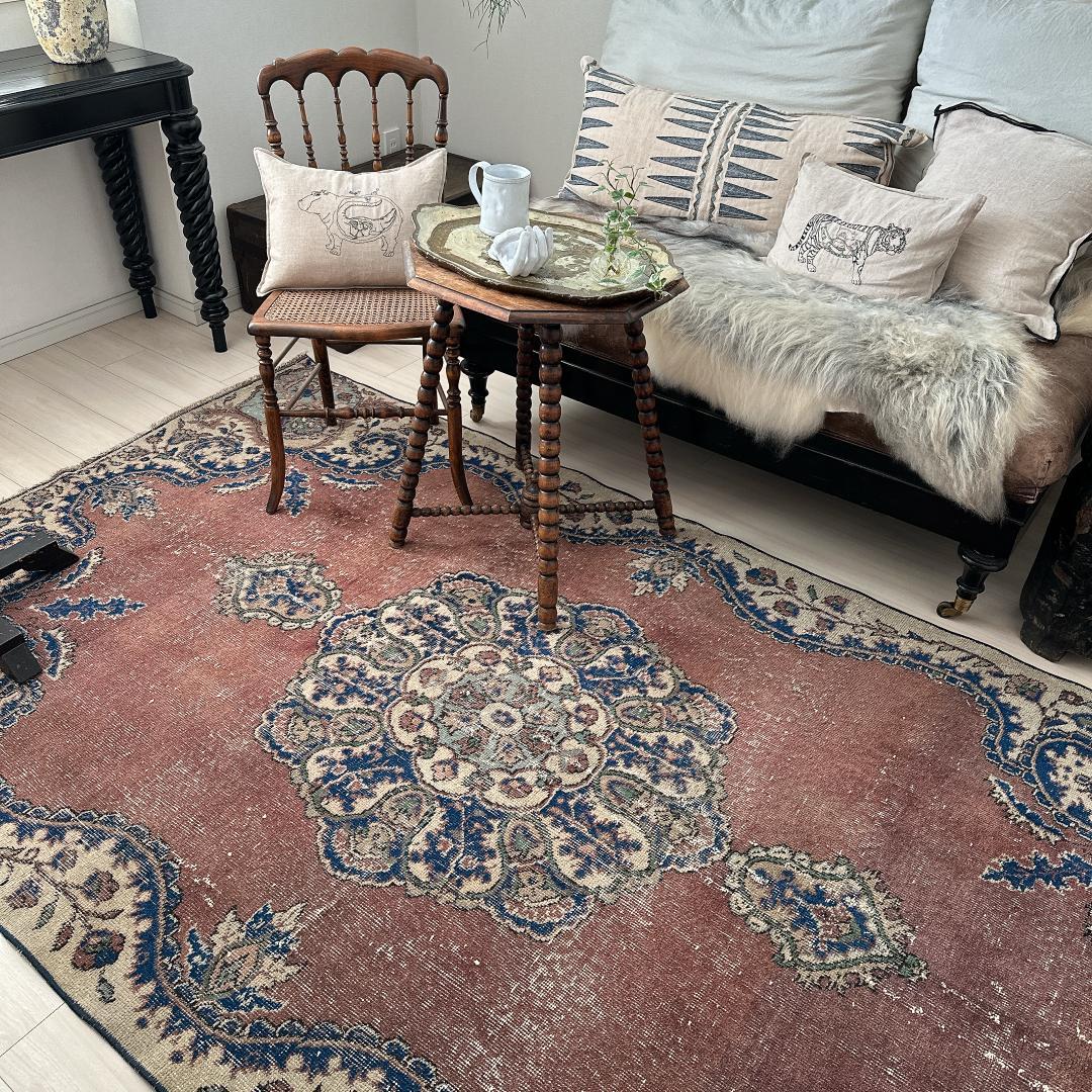 トルコ ヴィンテージラグA99 レア 大判 ローズブラウン ネイビー メダリオン