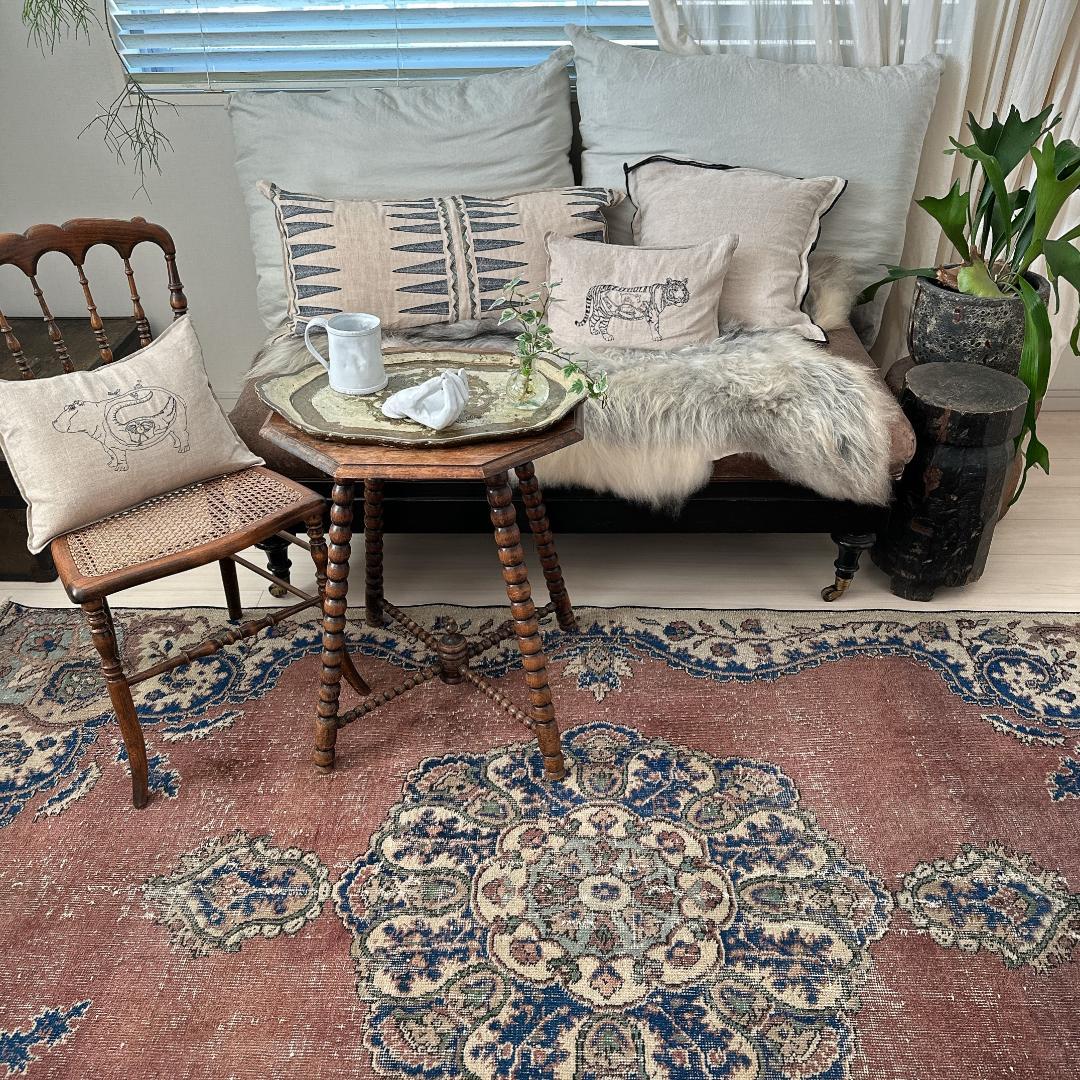 トルコ ヴィンテージラグA99 レア 大判 ローズブラウン ネイビー メダリオン