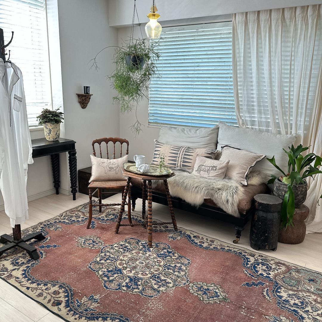 トルコ ヴィンテージラグA99 レア 大判 ローズブラウン ネイビー メダリオン