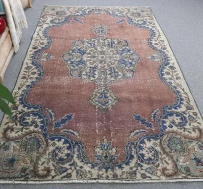 トルコ ヴィンテージラグA99 レア 大判 ローズブラウン ネイビー メダリオン