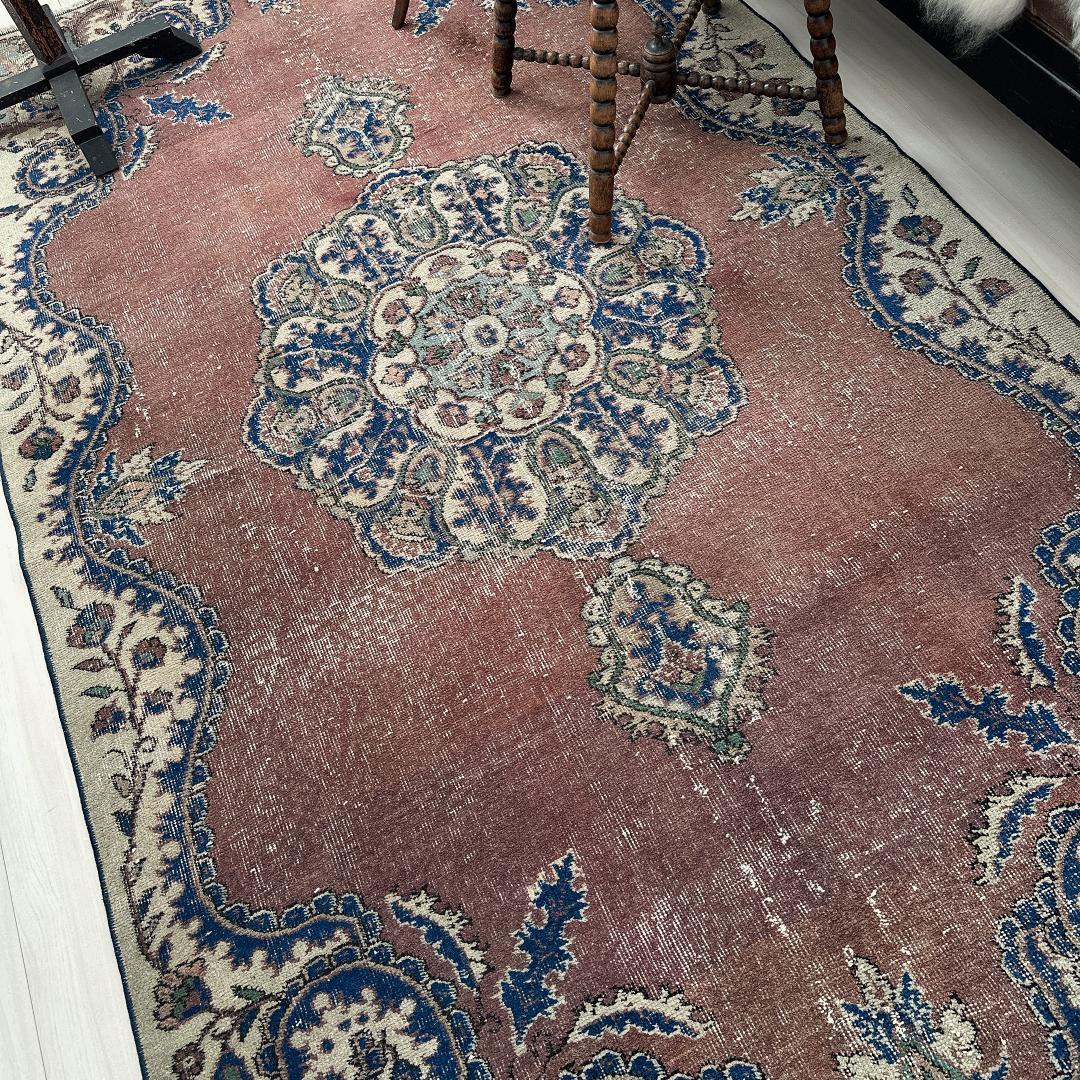 トルコ ヴィンテージラグA99 レア 大判 ローズブラウン ネイビー メダリオン