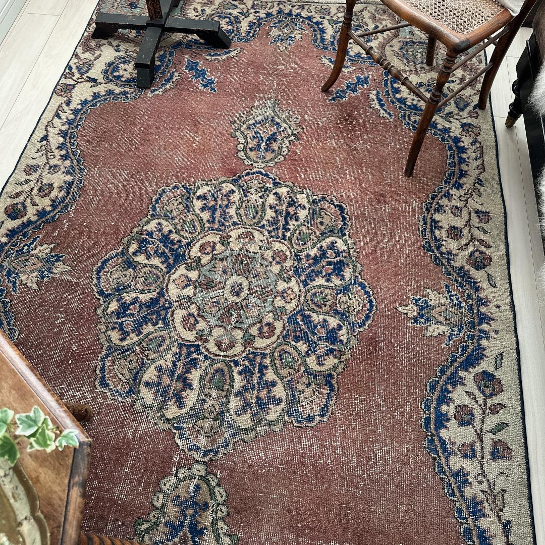 トルコ ヴィンテージラグA99 レア 大判 ローズブラウン ネイビー メダリオン