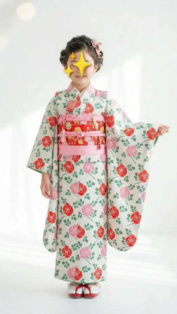 7歳　薄灰緑薔薇　七五三　着物・作り帯・草履セット