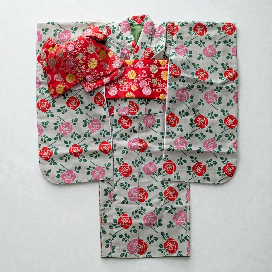 7歳　薄灰緑薔薇　七五三　着物・作り帯・草履セット