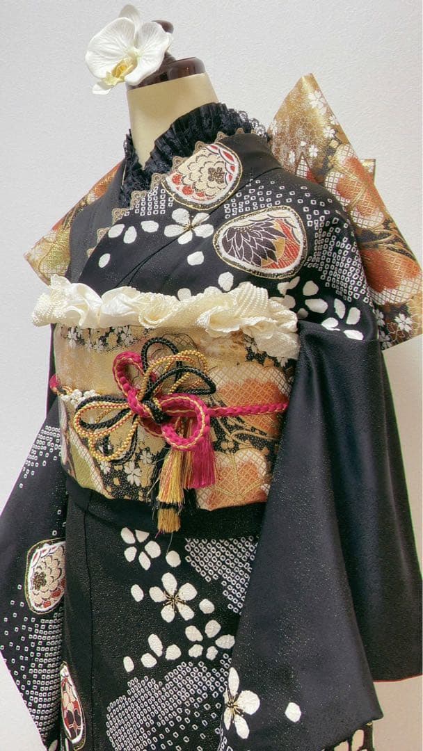 美品　振袖フルセット　黒　絞り　正絹 成人式　振袖6点セット