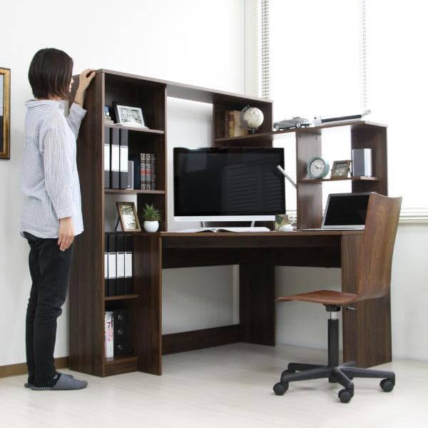 【新品・送料無料】パソコンデスク コーナー ハイタイプ 書棚付き ブラウン 北欧