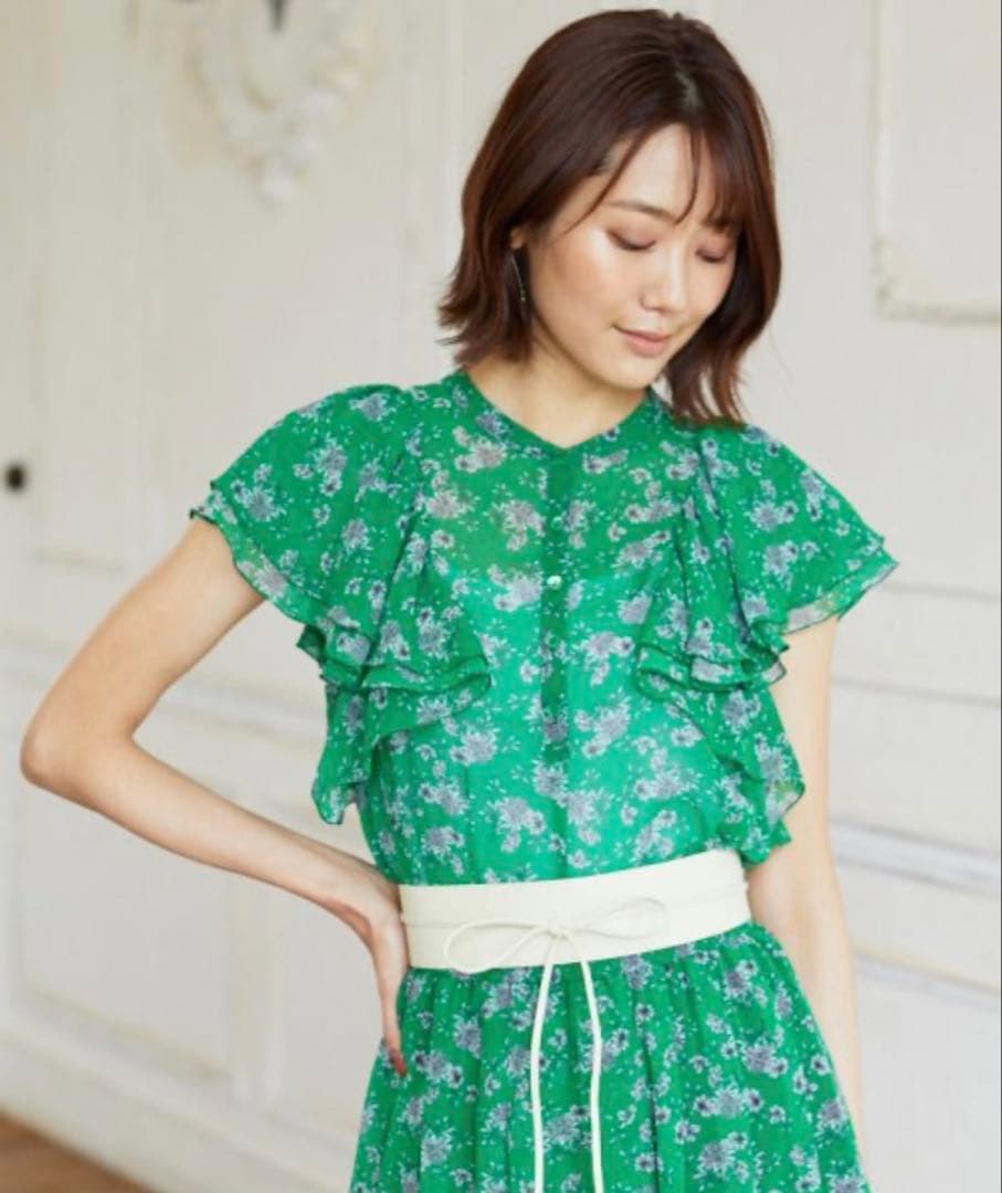 ANAYI ラインフラワープリントラッフル袖セットアップ