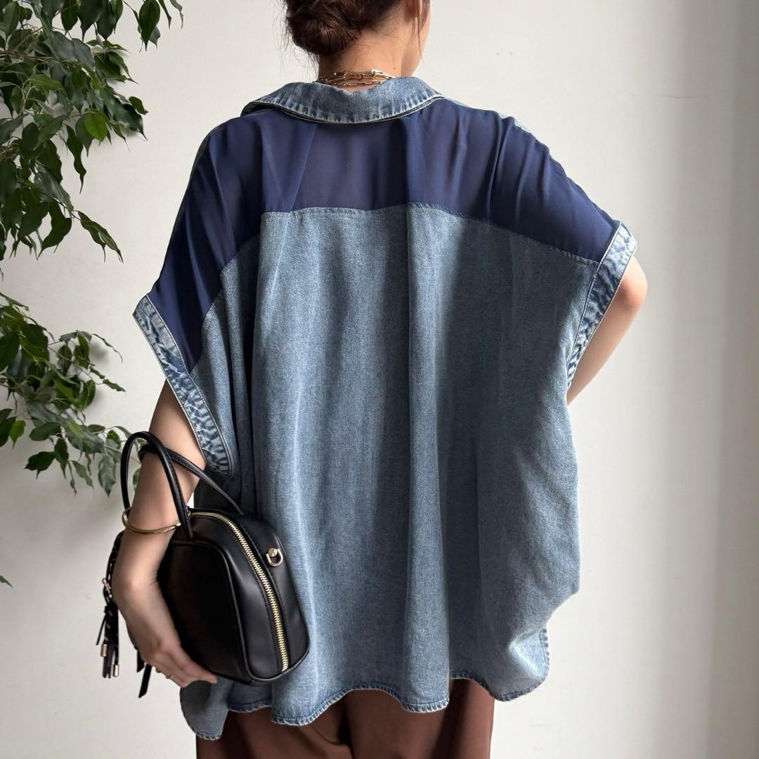 DOUDOU リヨセル デニム バック切替 シャツ ドッキング トップス