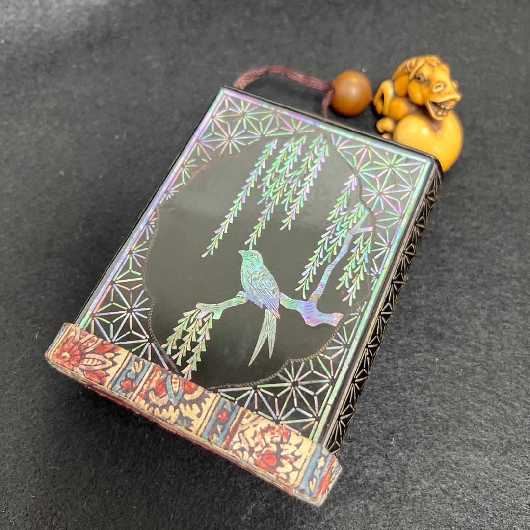 江戸時代　極上螺鈿花鳥図提物、極上馬根付　66g 東Y8-0122☆2Fトニサ