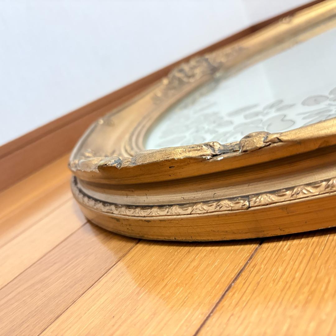 ウォールミラー アンティーク ゴールド装飾 楕円形 壁掛け鏡 レトロ 現状品