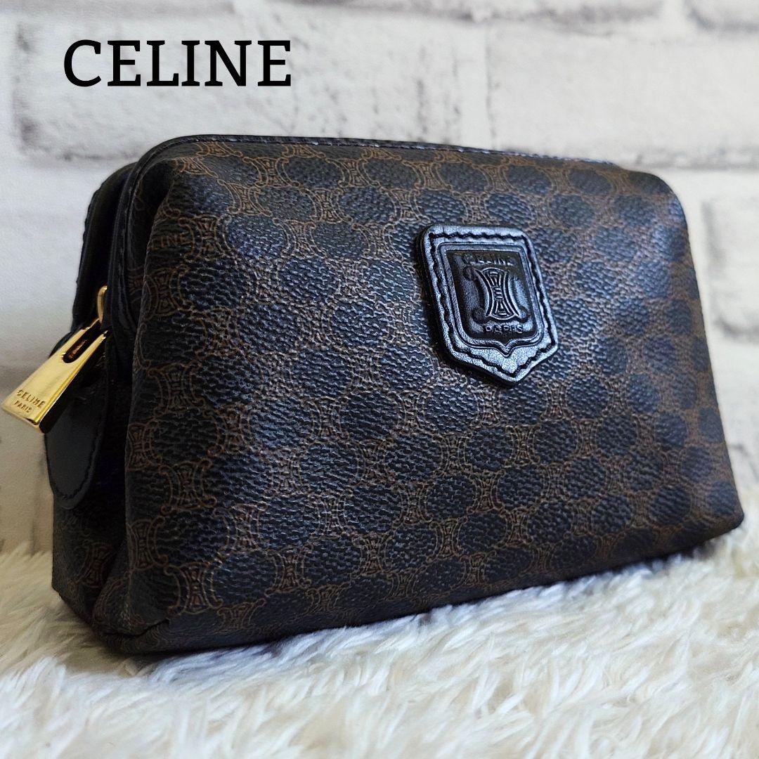 美品 セリーヌ 黒マカダム メイクポーチ トリオンフ PVC レザー 小物入れ