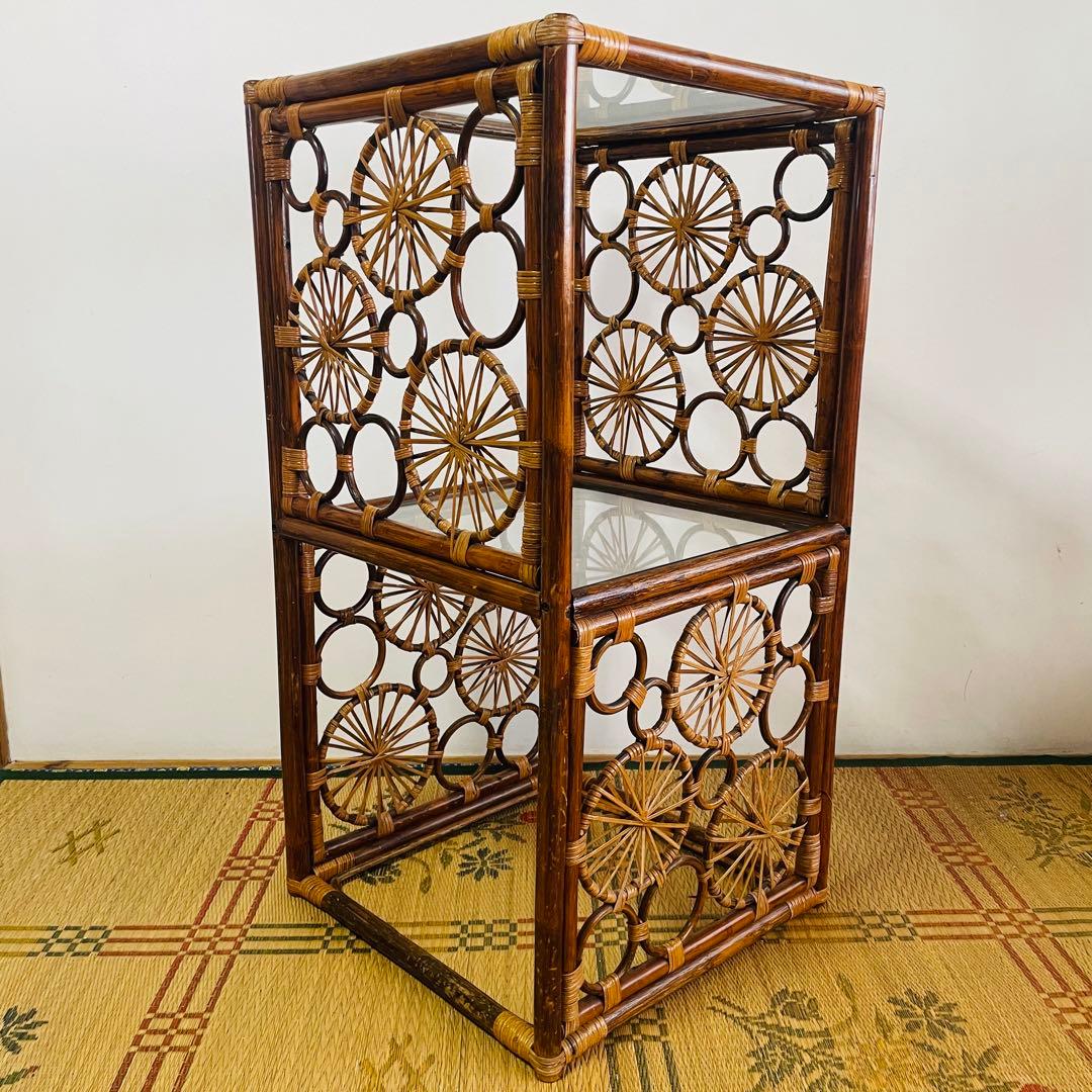 昭和レトロ ラタン 籐 ガラス 飾り棚 チェスト ヴィンテージ アンティーク