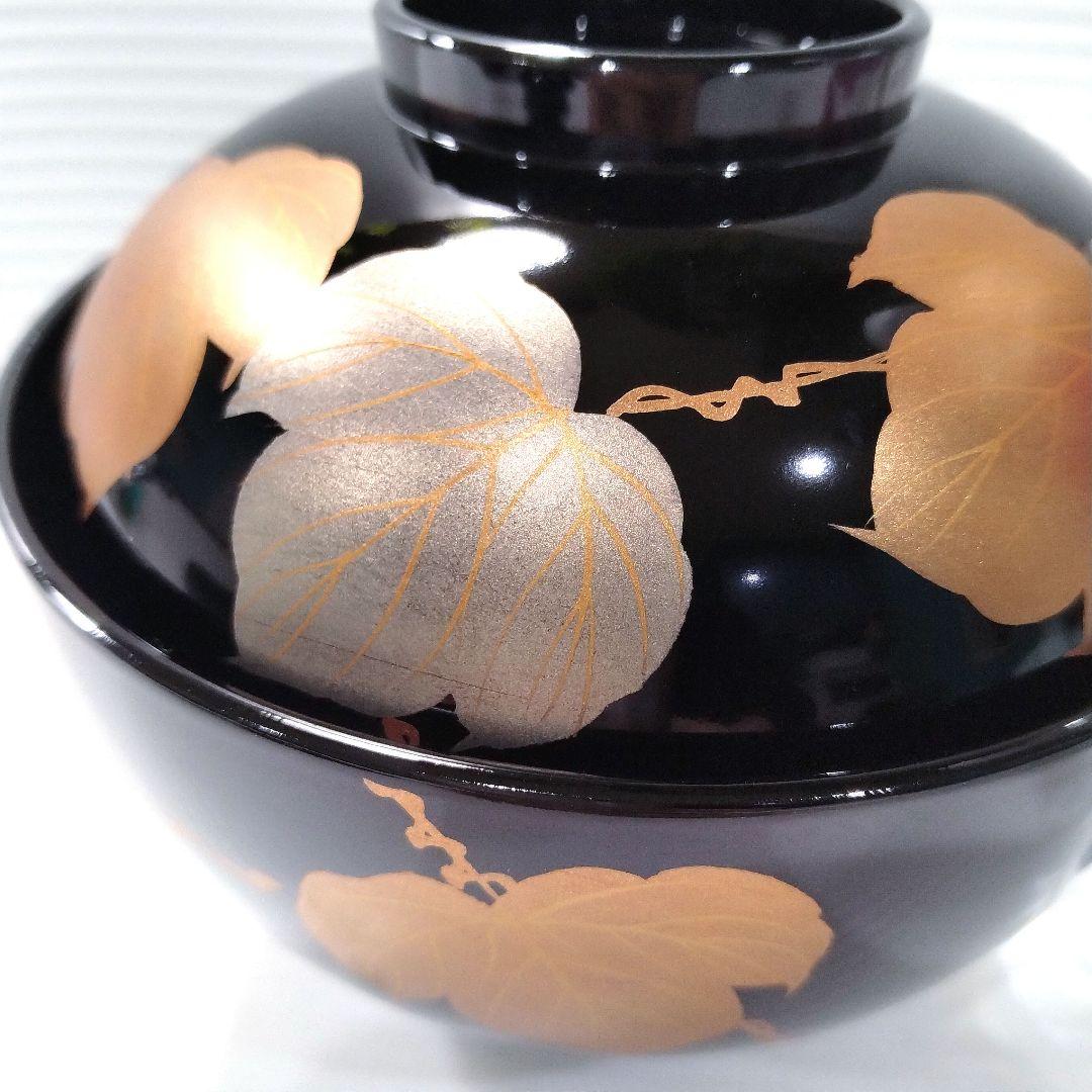 高級 山中漆器 吸椀 木硬 蓋付き 汁椀 黒金 金箔 金蒔絵 漆器 5客揃