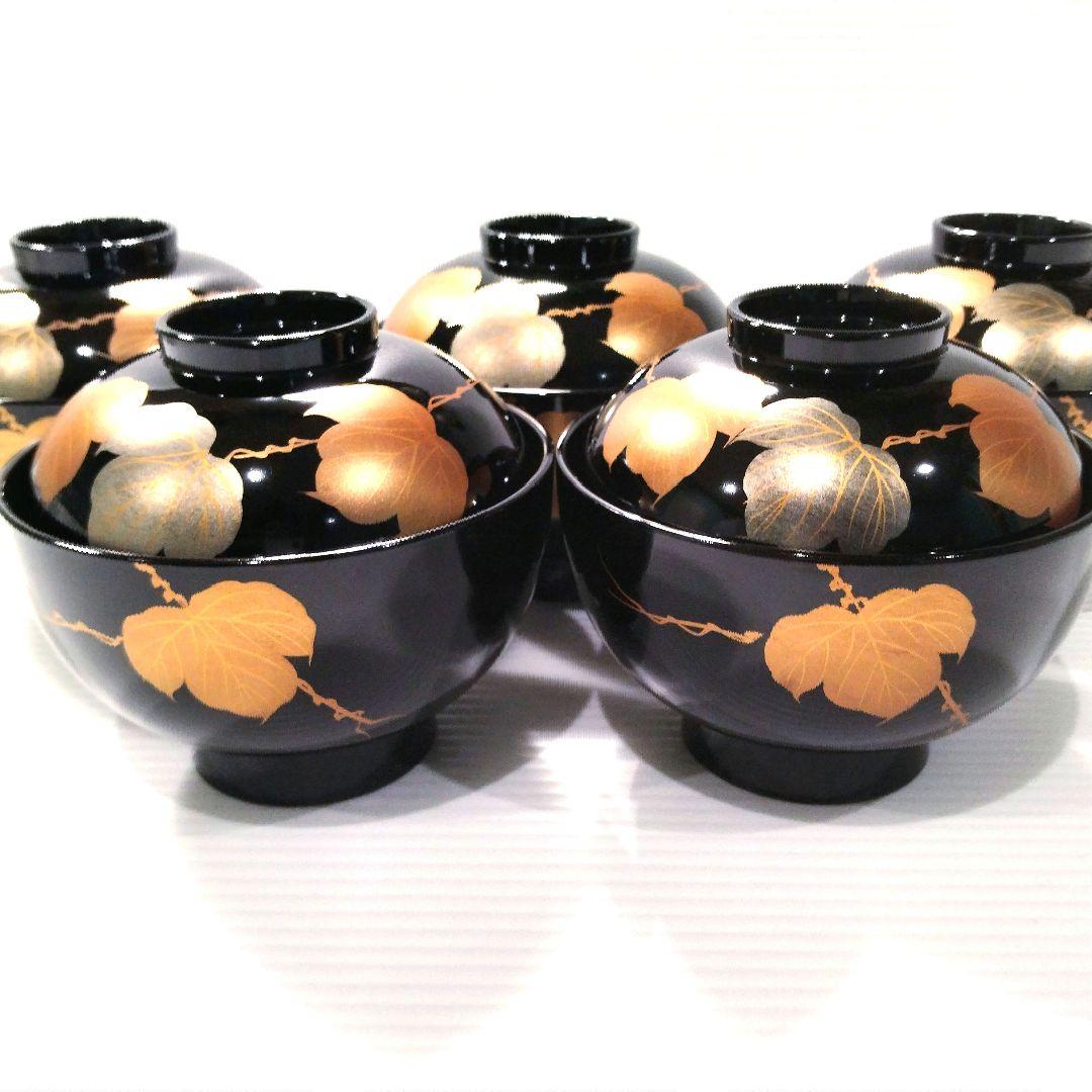 高級 山中漆器 吸椀 木硬 蓋付き 汁椀 黒金 金箔 金蒔絵 漆器 5客揃