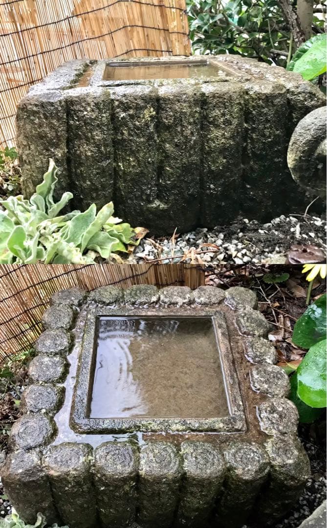 【天然自然石・四方角水鉢・蹲・茶庭向鉢】庭石・オブジェ・バードバス・ガーデニング