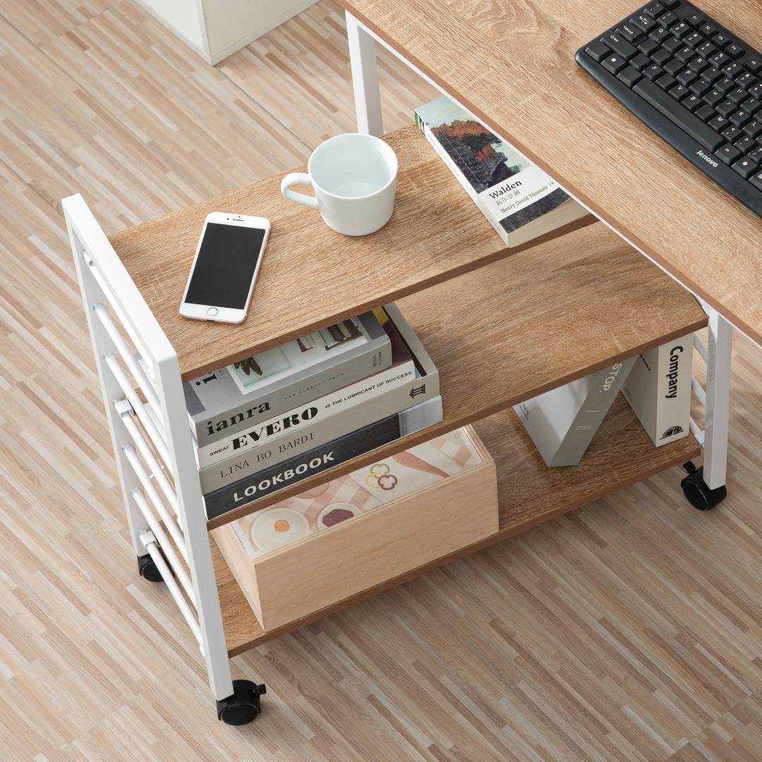 【ナチュラル】パソコンデスク キャスター付きで移動可能ラック付き