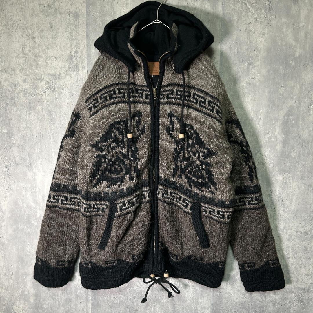 希少 ネパール製 ニット パーカー 裏地フリース ネイティブ柄 黒 茶