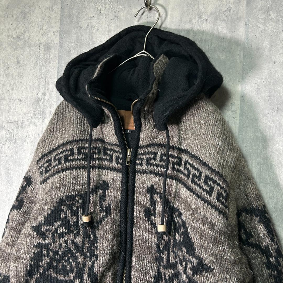 希少 ネパール製 ニット パーカー 裏地フリース ネイティブ柄 黒 茶