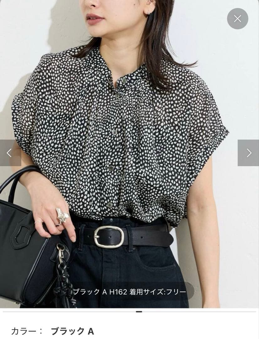 ブラック 80ローンタックボリュームシャツ 半袖ブラウス フリーサイズ