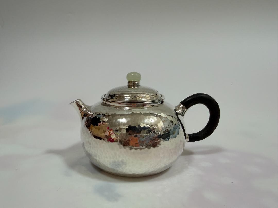 純銀製 丸形 鎚目 玉石摘 急須 銀瓶 煎茶道具