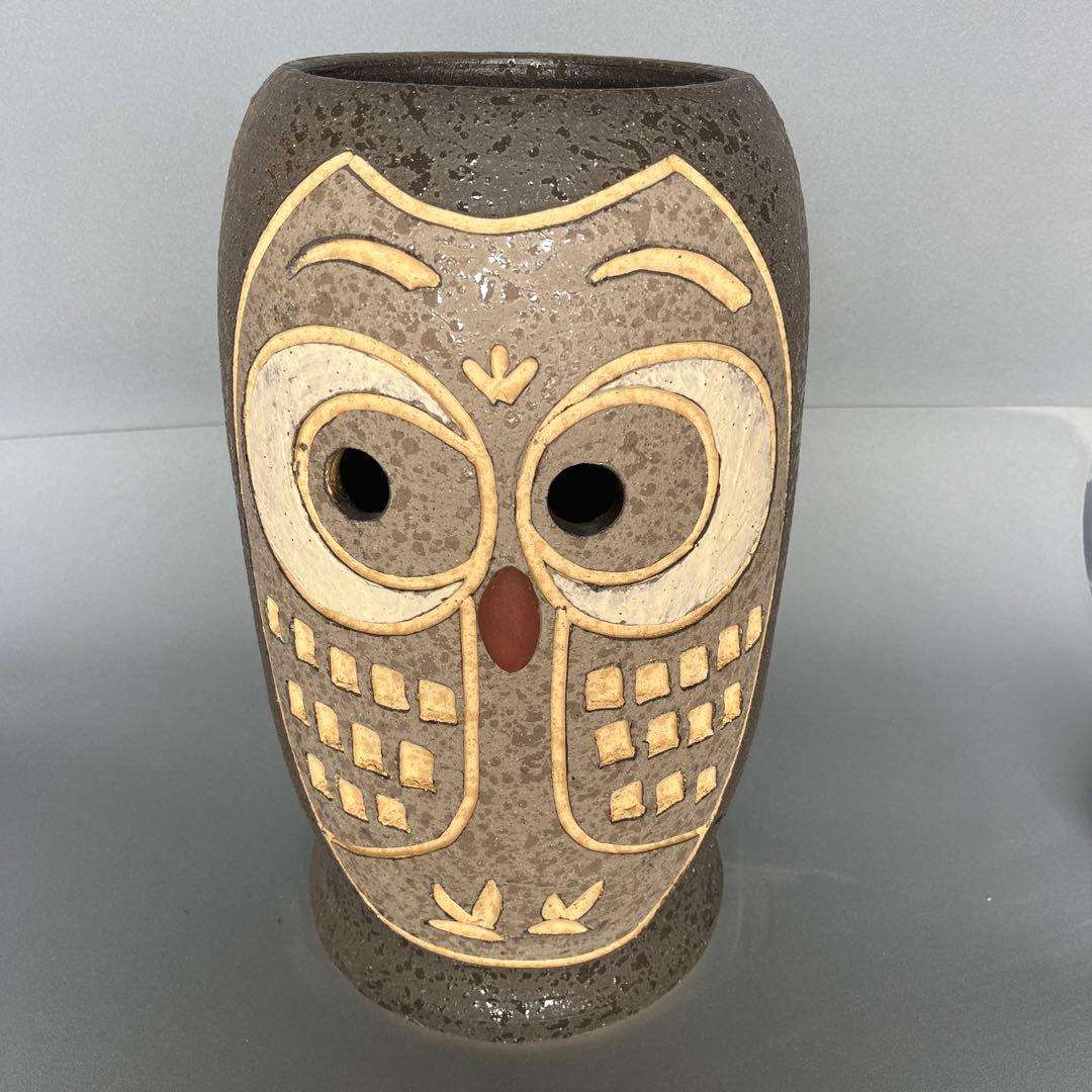 信楽焼傘立て  黒釉ふくろう彫 高さ27cm