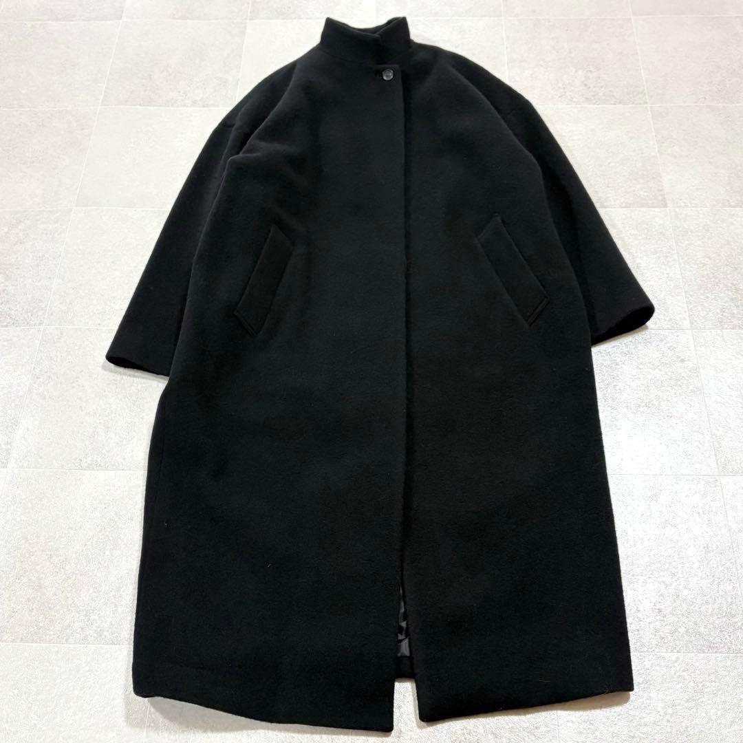 ミズイロインド　ウールブレンド　スタンドカラーコート　ロングコート　ブラック