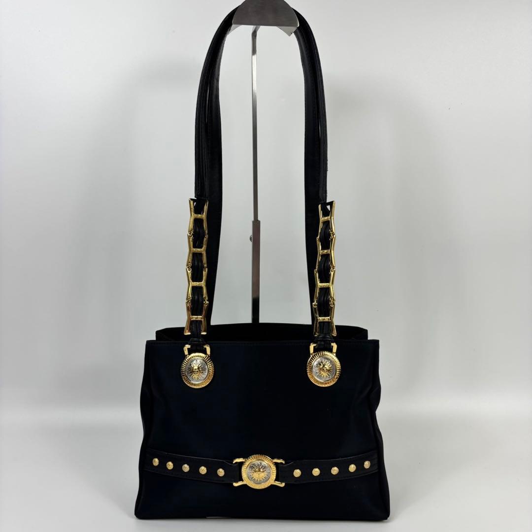 VERSACE サンバースト ナイロン レザー トートバッグ 肩掛け 黒色