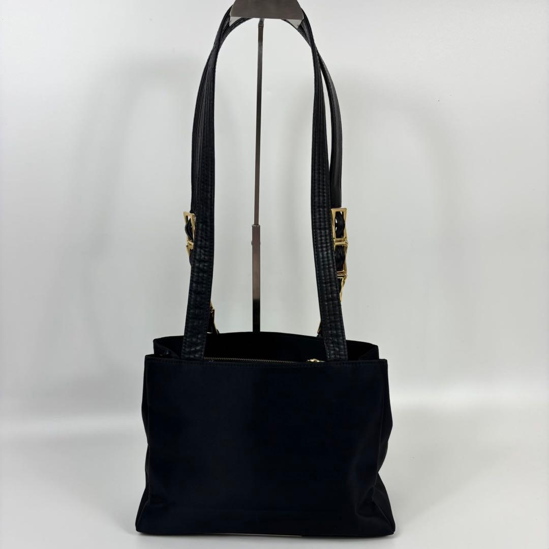 VERSACE サンバースト ナイロン レザー トートバッグ 肩掛け 黒色