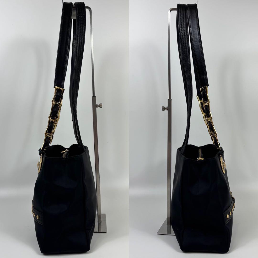 VERSACE サンバースト ナイロン レザー トートバッグ 肩掛け 黒色