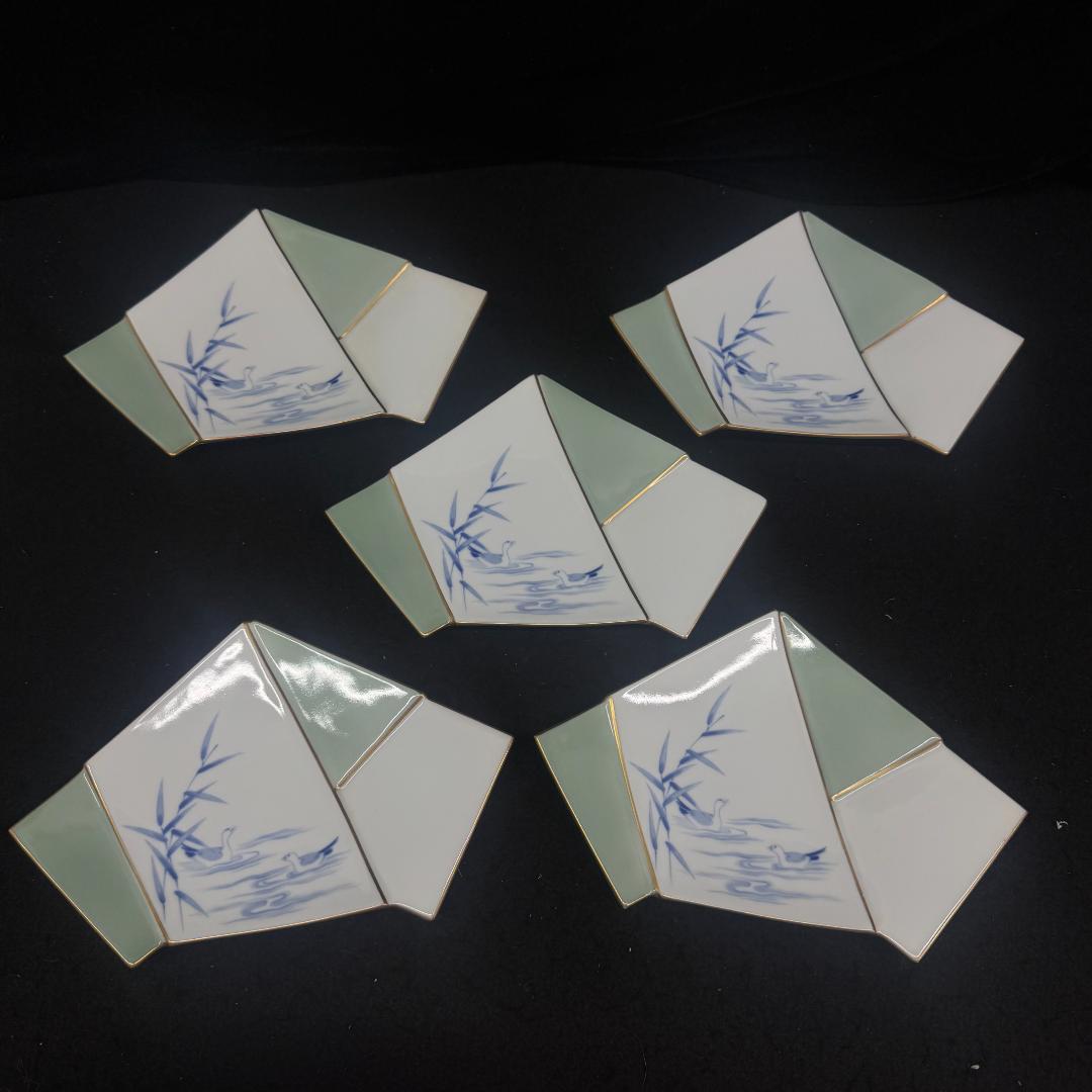 深川製磁 水鳥結び皿揃 帯結び 菊小鳥金彩　五枚