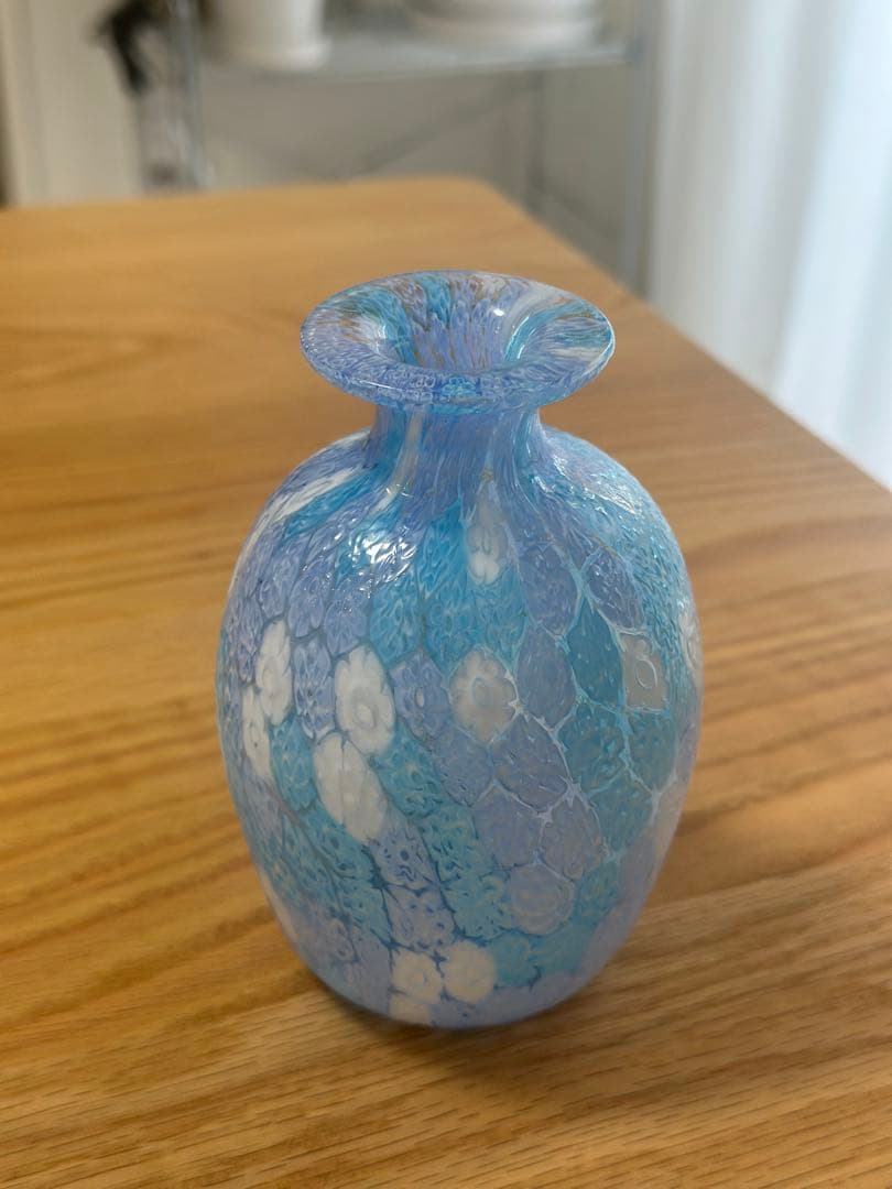 ベネチアングラス　ガラス花瓶　ブルー＆ホワイト