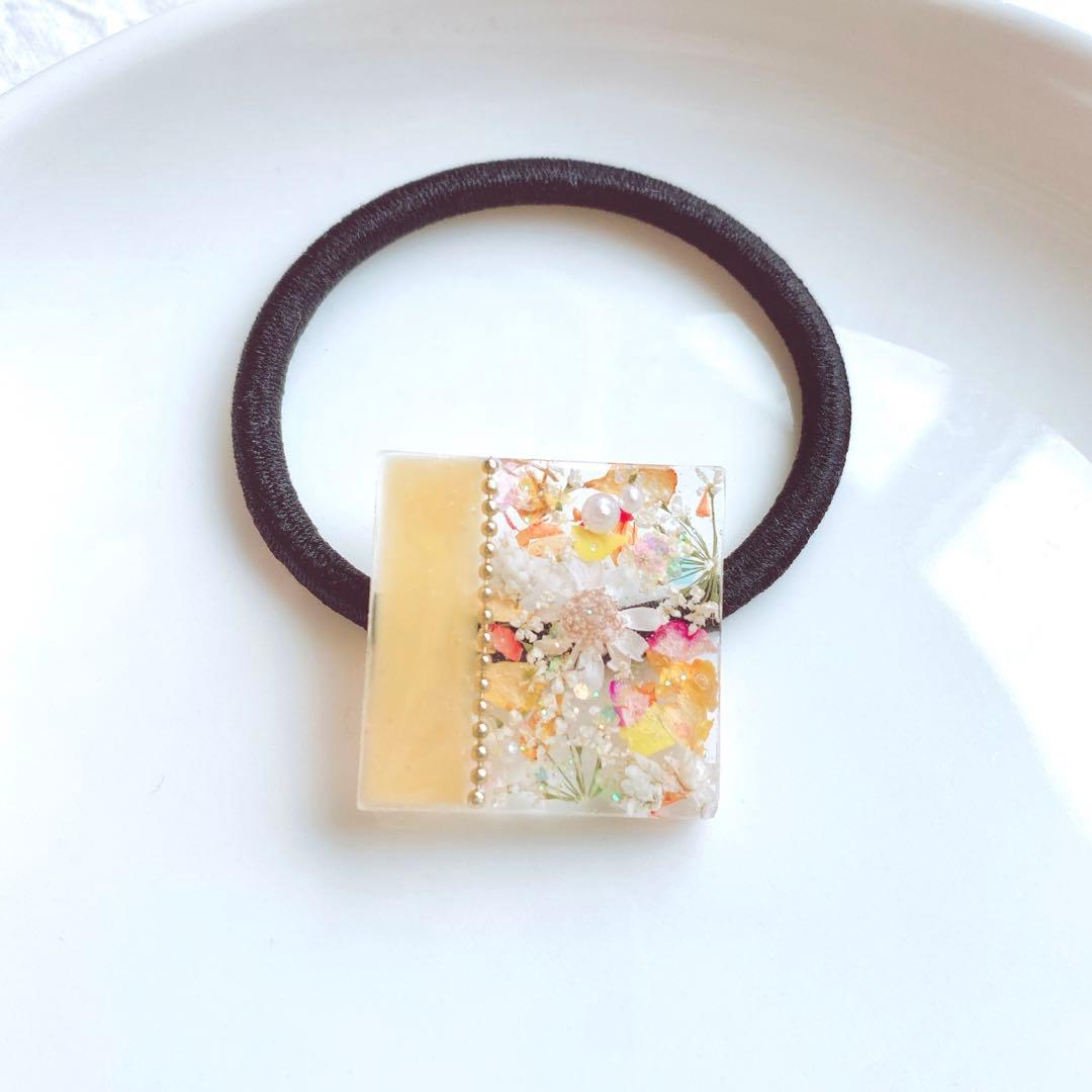 レジンヘアゴム　バイカラー　バラ　レースフラワー　オレンジ