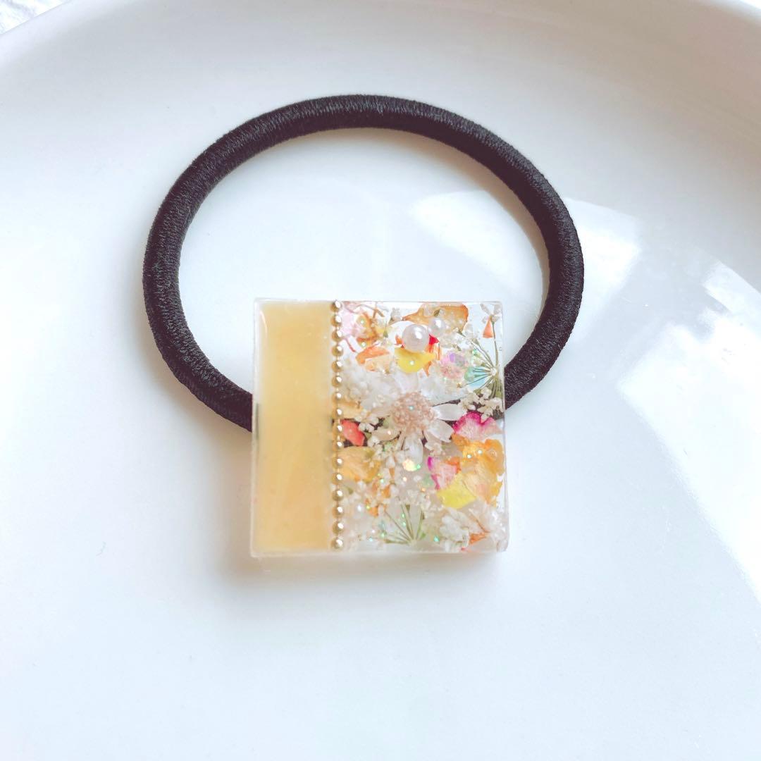 レジンヘアゴム　バイカラー　バラ　レースフラワー　オレンジ