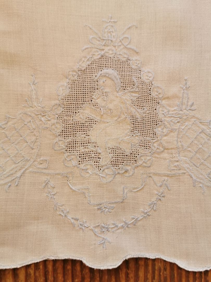 アンティーク アペンツェル刺繍レース 笛を吹く天使 ブルーニードルワーク クロス