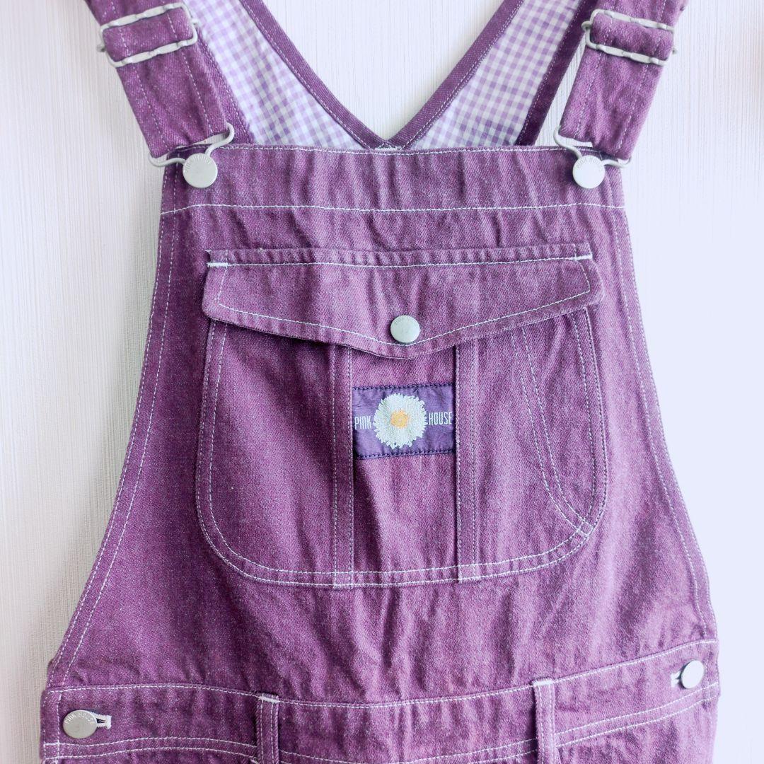 美品 ピンクハウス コットン 紫 オーバーオール ギンガム裏地 マーガレット