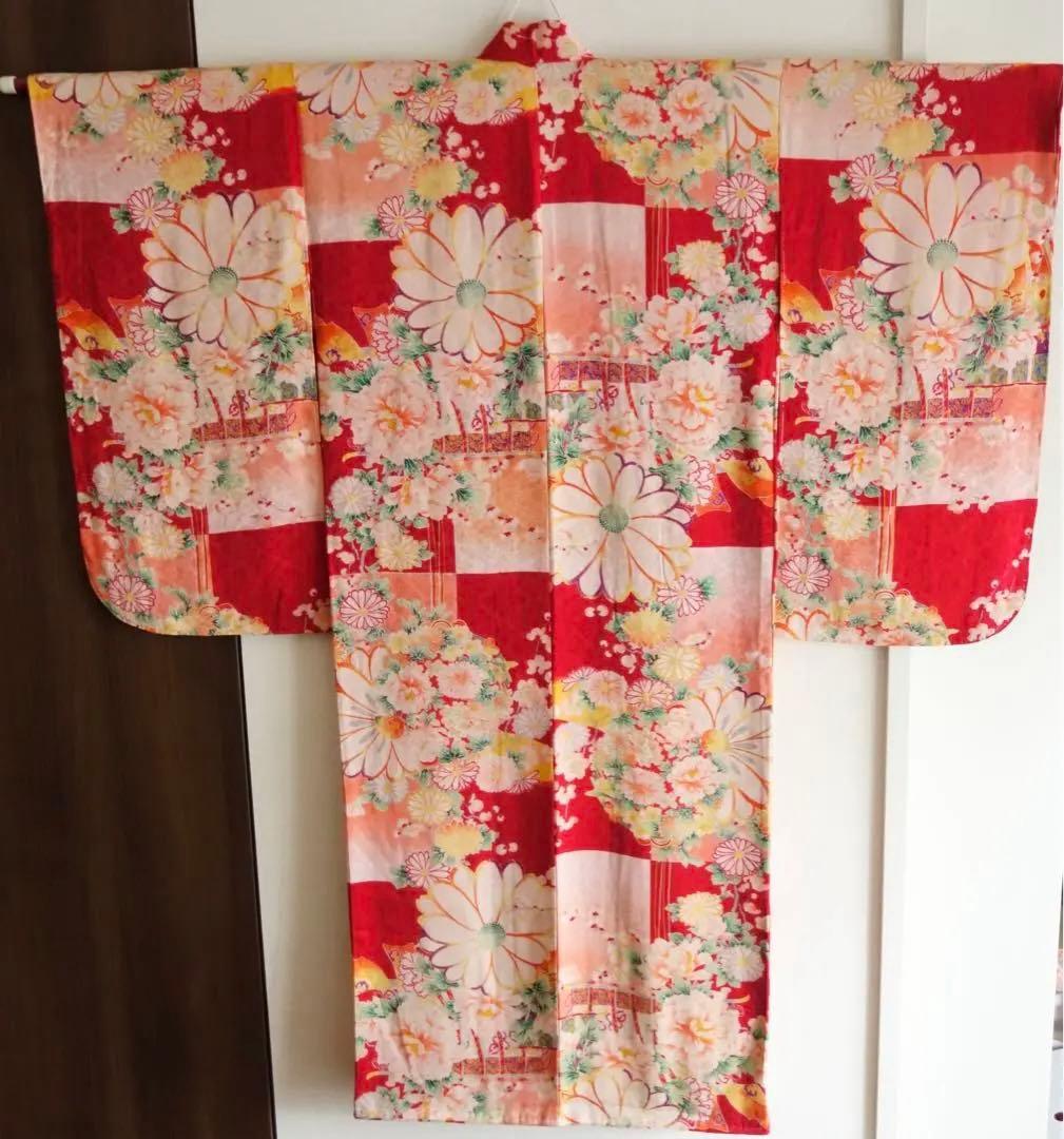 アンティーク四つ身　子ども着物　七五三　お雛祭りに　市松に花薬玉　大正ロマン