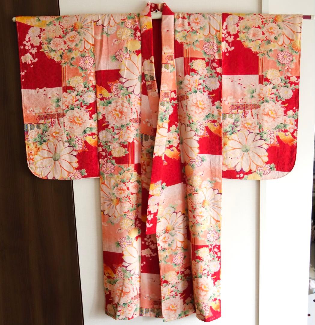 アンティーク四つ身　子ども着物　七五三　お雛祭りに　市松に花薬玉　大正ロマン