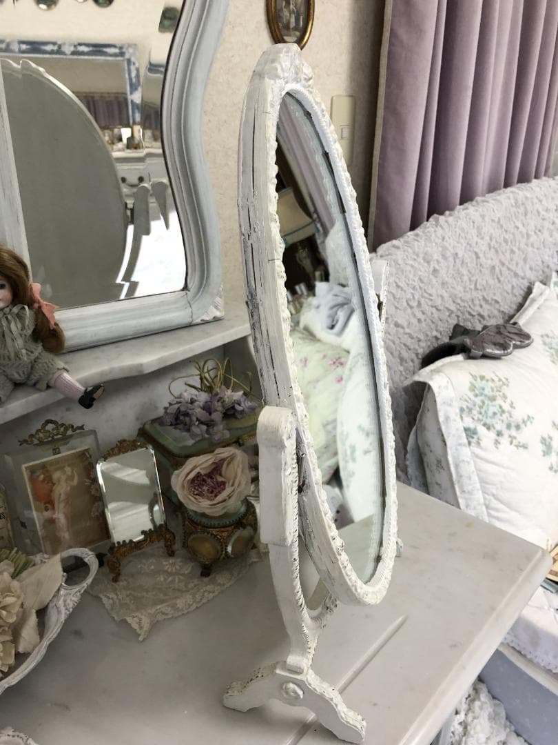 フランスアンティーク　スタンドミラー　ローズガーランド　ホワイト