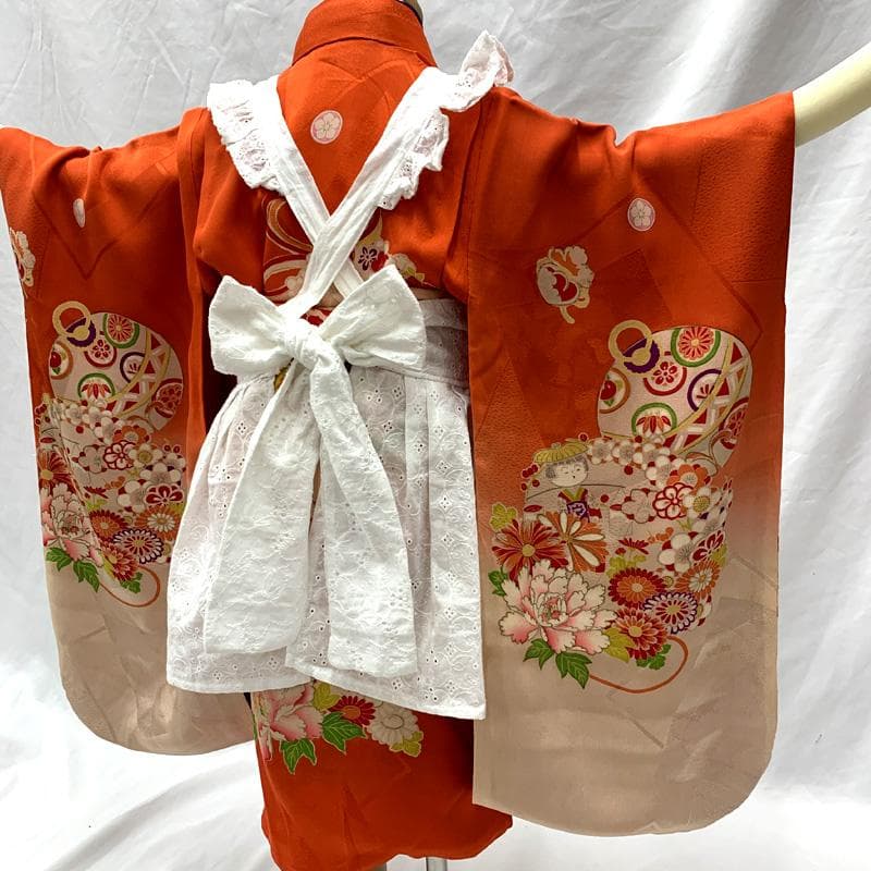 510ag64□七五三 三歳 アンティーク 女児 着物のみ 五つ紋 こけし 花□