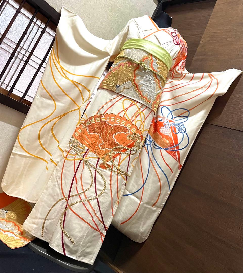 振袖フルセット6点サイズM〜Ｌ駒刺繍　束ね熨斗檜扇花文　金彩　正絹