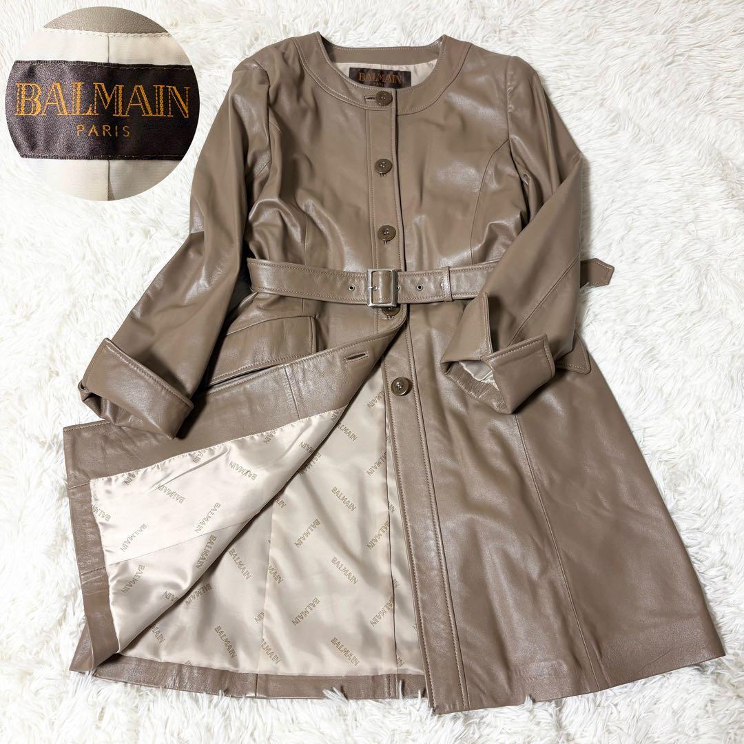 極美品✨バルマン ベルテッド レザーコート 羊革 ラムレザー　ブラウン L相当