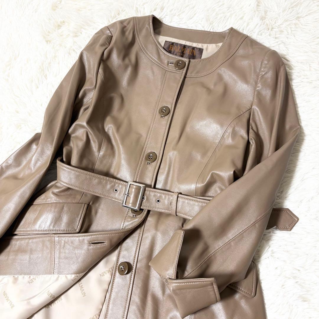 極美品✨バルマン ベルテッド レザーコート 羊革 ラムレザー　ブラウン L相当