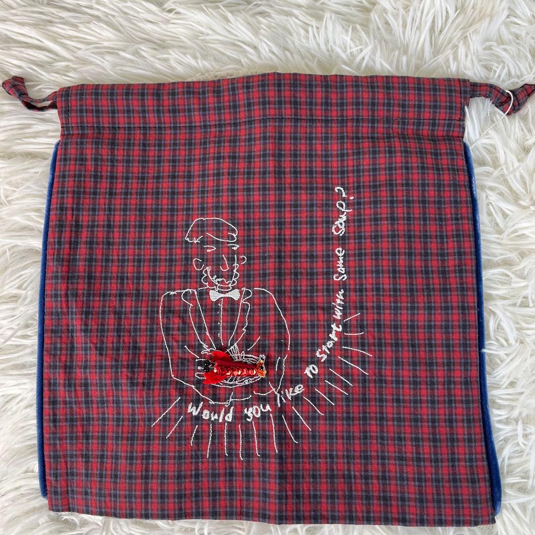 新品未使用　LUDLOW チェック柄　ドローストリングポーチ　巾着　刺繍　シルク
