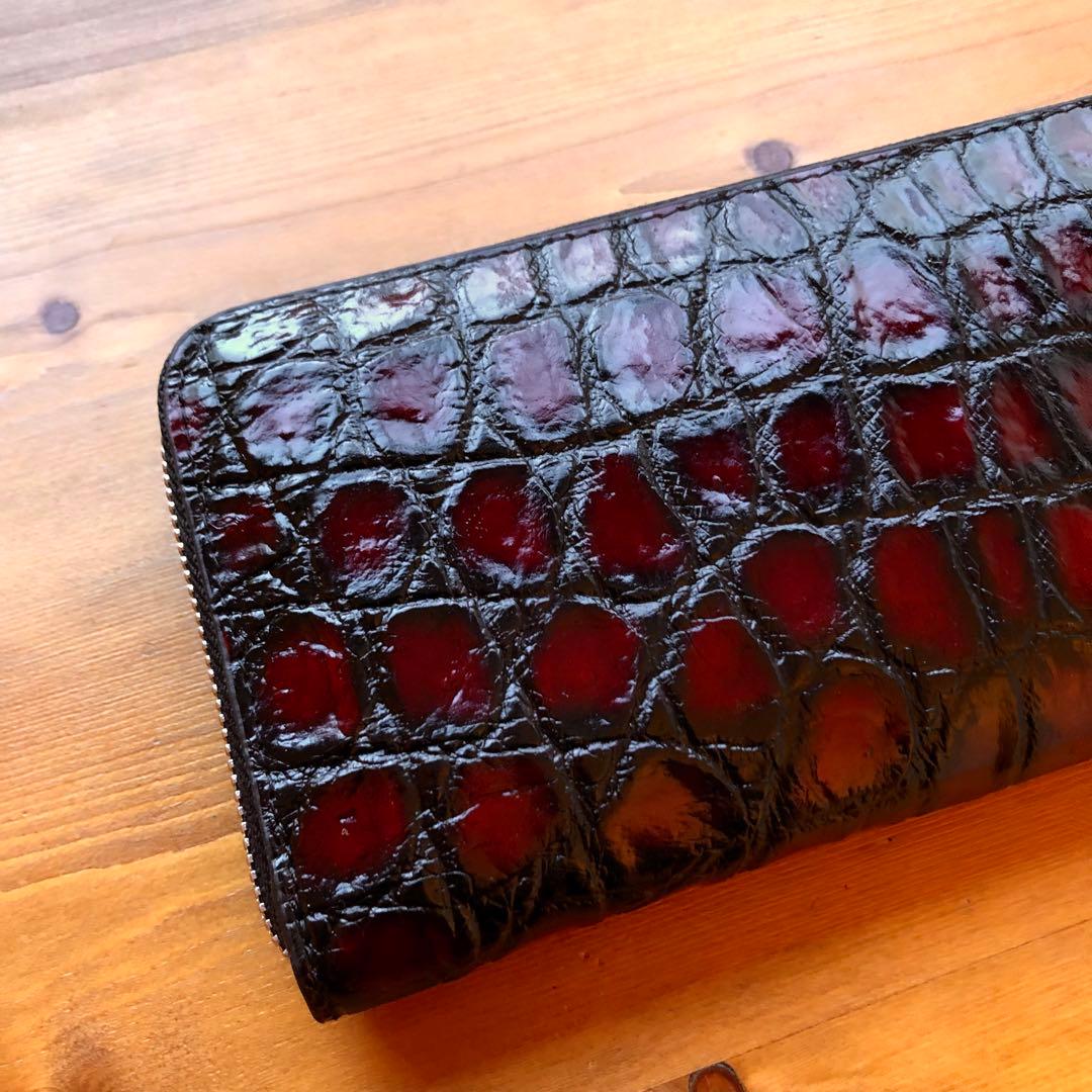 クロコダイル 長財布 高級 一枚革メンズ レディース　赤レッド ブランド