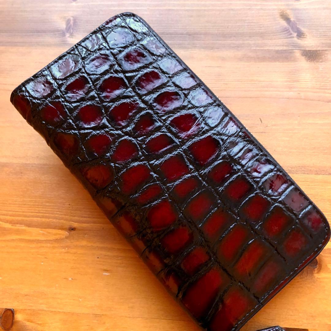 クロコダイル 長財布 高級 一枚革メンズ レディース　赤レッド ブランド