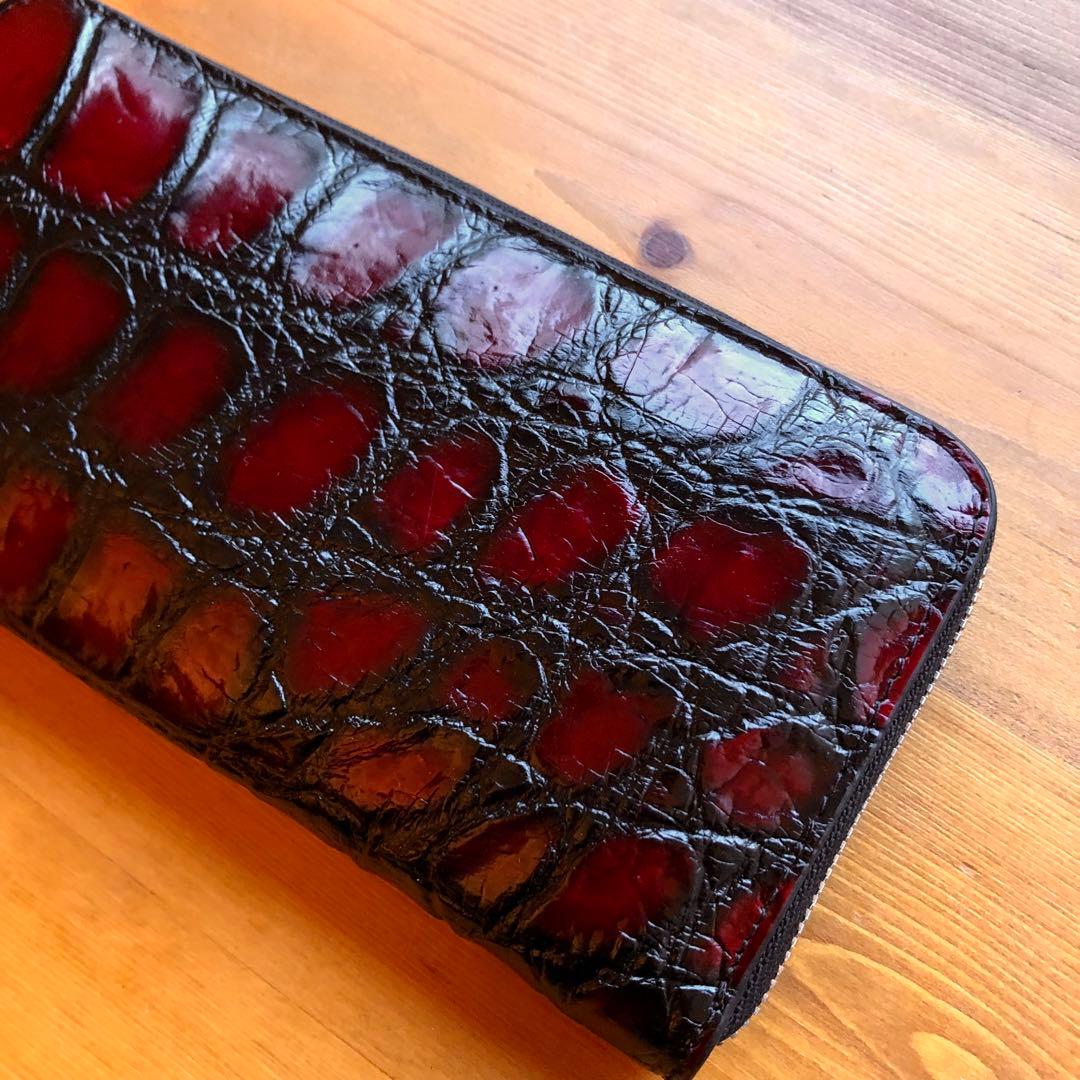 クロコダイル 長財布 高級 一枚革メンズ レディース　赤レッド ブランド